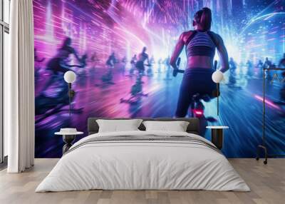 A group of people participates in an indoor cycling class set in a futuristic, neon-lit environment, creating a high-energy and immersive experience. Wall mural