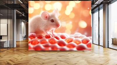 Cute white mouse sitting on a colorful surface with a dreamy bokeh background. Wall mural