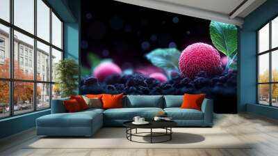 Delicious lychee fruit with vibrant leaves on dark, textured soil. Wall mural