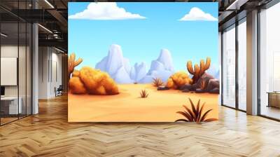 Desert landscape with cacti and mountains under a bright blue sky and fluffy clouds. Wall mural