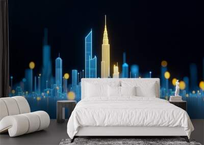 Futuristic city skyline with glowing skyscrapers and vibrant lights. Wall mural