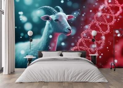 Goat against a vivid background with DNA strands illustrating genetic themes. Wall mural