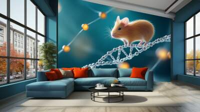 Mouse on DNA strand with glowing orbs, blue background, science and genetics concept Wall mural