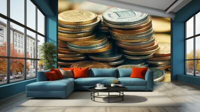 Stacks of coins on a surface showcasing various currencies and denominations. Wall mural