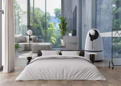 the image shows a home security camera sitting on a table in a modern living room. Wall mural