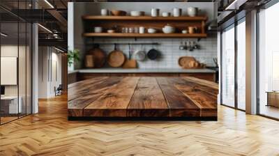 Wood table top on blur kitchen room background For montage product display or design key visual layout
 Wall mural