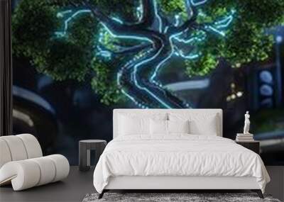 A futuristic bonsai tree with glowing blue lines, representing the fusion of nature and technology. Wall mural