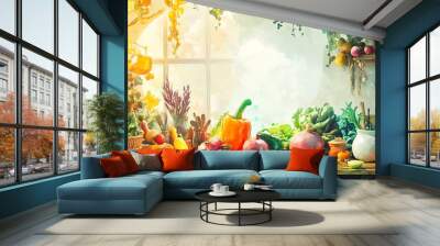 A whimsical kitchen landscape, teeming with vibrant, oversized vegetables and fantastical cooking tools, set against a dreamy, surreal backdrop, watercolor style, ethereal lighting Wall mural