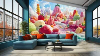 Aerial view of a whimsical landscape, featuring fantastical food sculptures, giant fruits melting into mountains, vibrant colors, surreal culinary creations, photorealistic style Wall mural