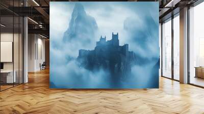 An atmospheric photorealistic illustration of a medieval castle hidden amidst towering mountains and misty clouds Wall mural