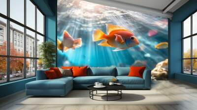 Colorful fish swim in coral reef Wall mural