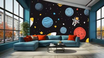 Cute cartoon astronaut, planets and stars seamless pattern on a dark background. Wall mural