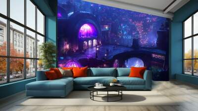 Futuristic city with neon lights Wall mural