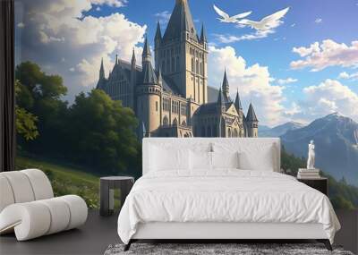 Panoramic view of a medieval European cityscape with a gothic cathedral, castle, and ancient architecture set against a backdrop of Swiss mountains and a clear sky Wall mural