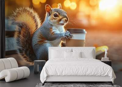 Squirrel on bench with coffee Wall mural