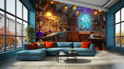 Tilted angle view of a magical kitchen, vibrant colors bursting with fantasy ingredients, whimsical cooking tools, enchanting atmosphere Wall mural