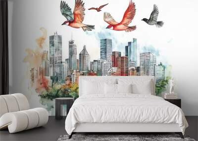 Watercolor illustration of a city skyline with birds flying overhead. Wall mural