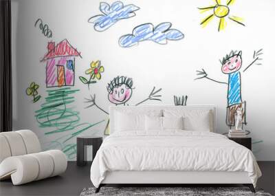 Drawing made by a child, happy family in the countryside Wall mural