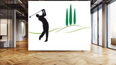 Golf club competition tournament background. Vector poster with man playing game on green Wall mural