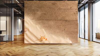 White sand and and shells on planked wood. Summer background with copy space. Top view Wall mural