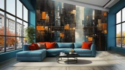 Abstract cityscape  emphasizing geometric shapes and dark lighting for a modern aesthetic Wall mural