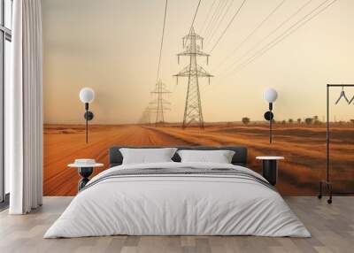 High voltage electrical tower silhouette in desert against clear blue sky on sunny day Wall mural