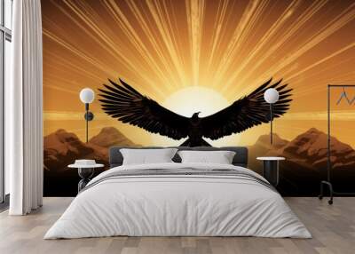 Majestic eagle silhouette against a sunset backdrop over serene mountain landscape Wall mural