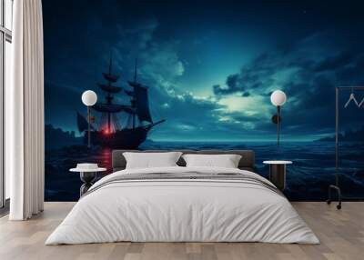 Mysterious voyage  a moonlit ship navigates the dark ocean, evoking solitude and intrigue Wall mural