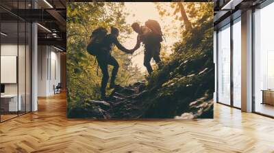 Friends helping each other up a steep path Wall mural