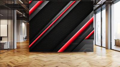 Dark gaming banner backdrop, metal black and red line abstract technology background Wall mural