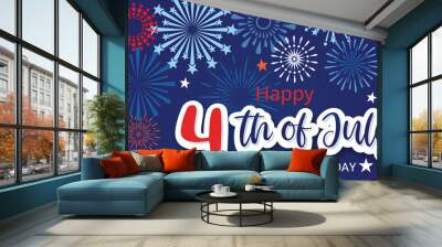 4th July Happy Independence Day holiday banner template with festive fireworks.-vector illustration Wall mural