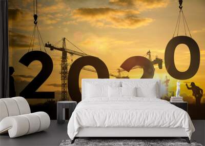 Silhouette construction site,Cranes building construction 2020 year sign Wall mural