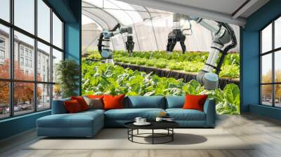 Smart farming agricultural technology Robotic arm harvesting hydroponic lettuce in a greenhouse Wall mural