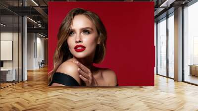 Beauty Face. Beautiful Woman With Makeup And Red Lips. Wall mural