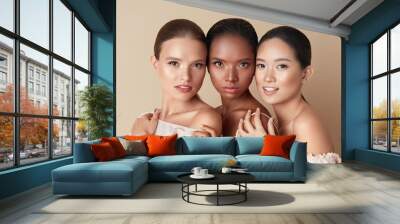 Beauty. Portrait Of Diversity Models. Mixed Race, Asian And Caucasian Girls Hugs Each Other And Looking At Camera. Different Ethnicity Women With Nude Makeup And Perfect Glowing Skin. Wall mural