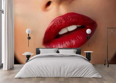 Closeup Beautiful Woman Lips With Red Lipstick. Beauty Makeup Wall mural