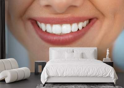 Closeup Of Beautiful Smile With White Teeth. Woman Mouth Smiling. High Resolution Image Wall mural