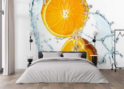 Juicy Orange with water splash on white background Wall mural