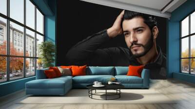 Men Hair Beauty. Handsome Male Model Touching Healthy Hair  Wall mural