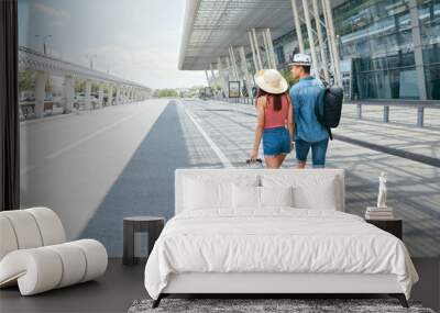 Travel. Couple Near Airport With Suitcase Traveling In Summer Wall mural