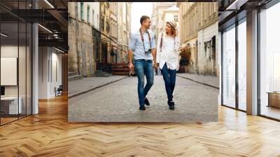 Travel. Tourist Couple Traveling, Walking On Street Wall mural