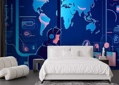 A man in front of a computer screen in a room with a map, generative AI. Wall mural