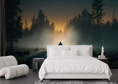 A man walks along the road in the forest in the fog, view from the back. Generative Al. Wall mural