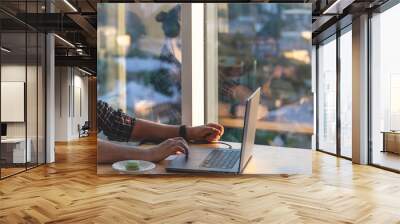 A young man works on a laptop. Remote work using a laptop. Wall mural