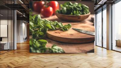 Basil leaves on a wooden kitchen table, generative AI. Wall mural