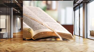 Book Bible close-up, on a beautiful terrace background. Morning time. Wall mural