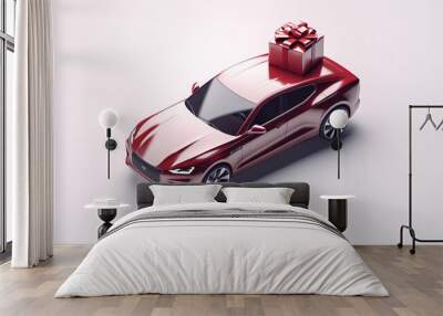 Car model and gift box on a white background, generative AI. Wall mural