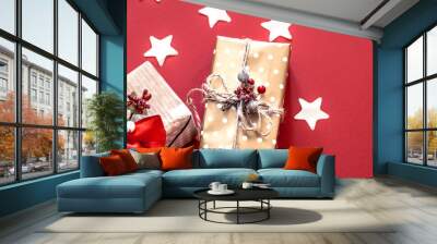 Christmas concept, two gift boxes with red background Wall mural