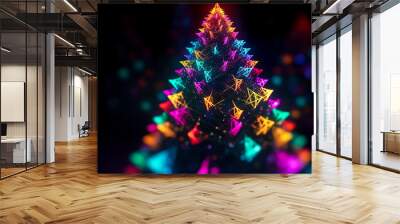 Christmas tree in different colors on a dark background, generative AI. Wall mural