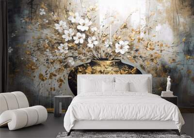 Floral background, flower painted with gold paint, generative AI. Wall mural